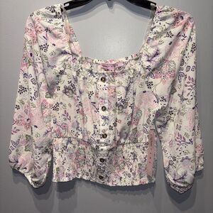 Women’s Ivory Pastel Floral Crop Top Smock Waist SzM Cottagecore Fairy Peasant